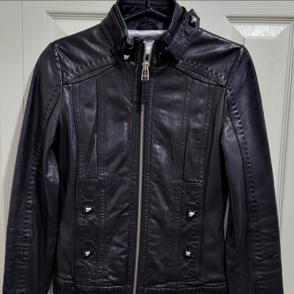Mackage Black Leather Jacket with Patterned Lining